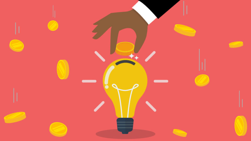 An illustration of a hand dropping a coin into a lightbulb, symbolizing investment in ideas. Coins are falling in the background against a pink backdrop.