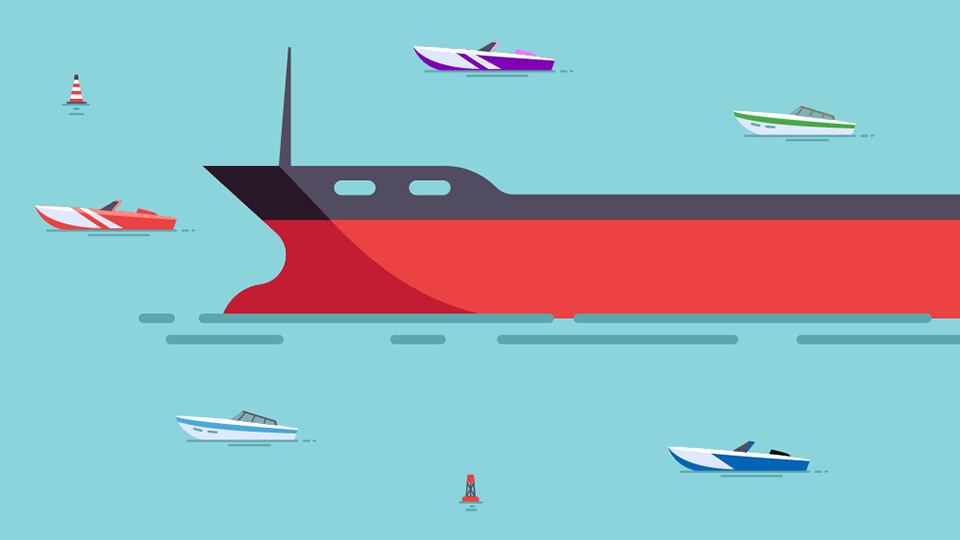 An illustration of an oil tanker surrounded by smaller speedboats on a blue background.
