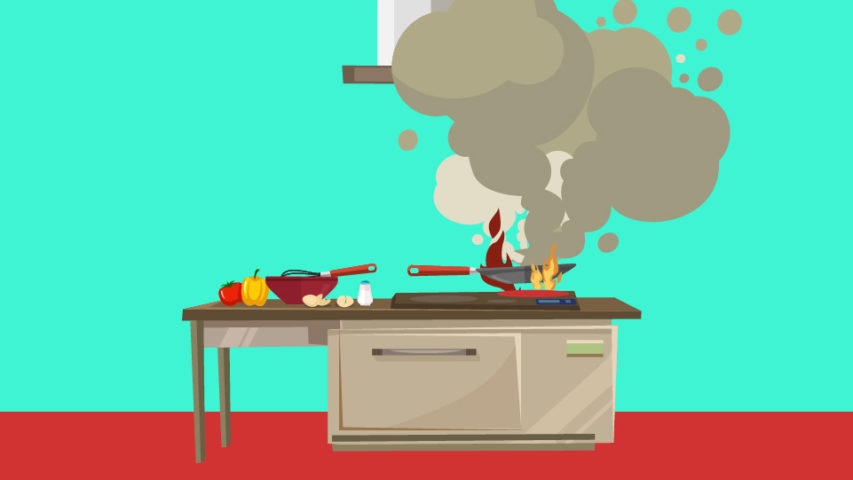 An illustration of a kitchen with the pan on fire.