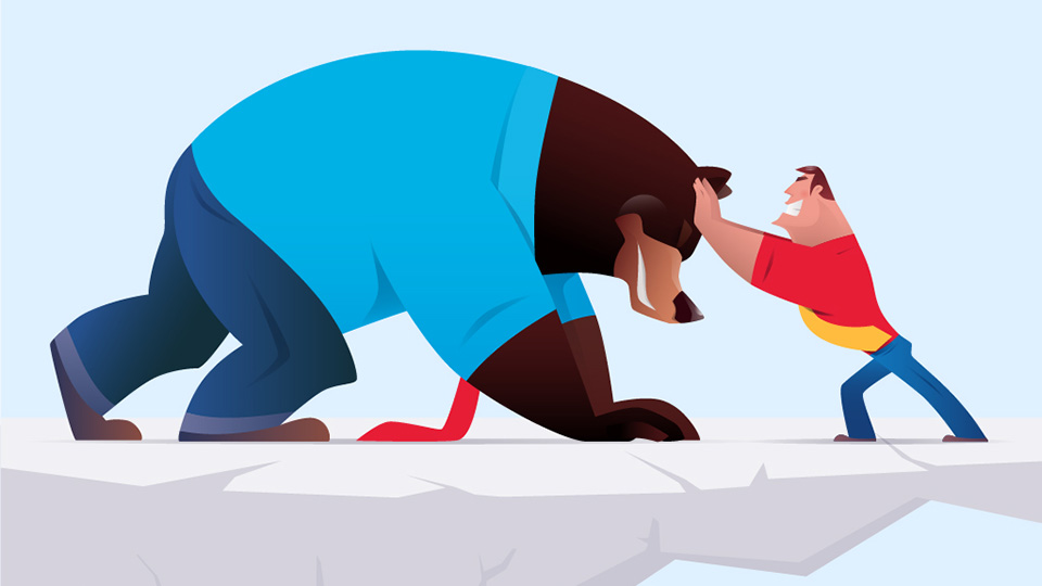 An illustration of a bear in business attire pushing against a man.