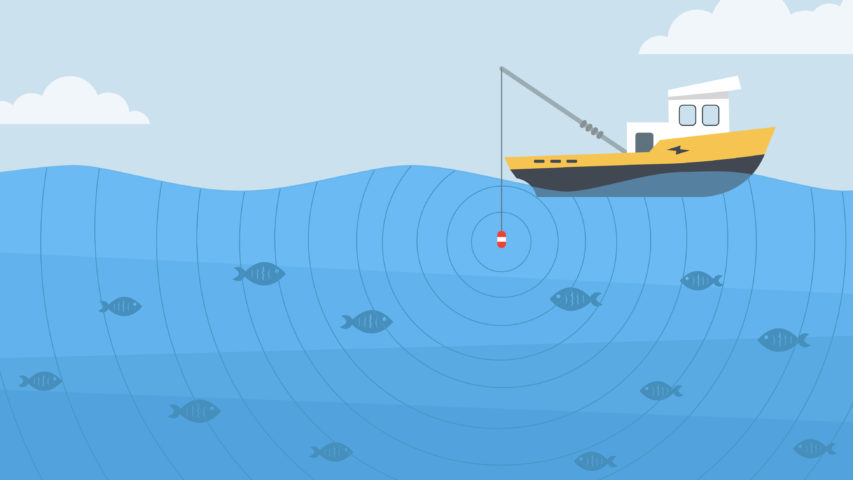 An illustration of a fishing boat attracting fish beneath the waves.