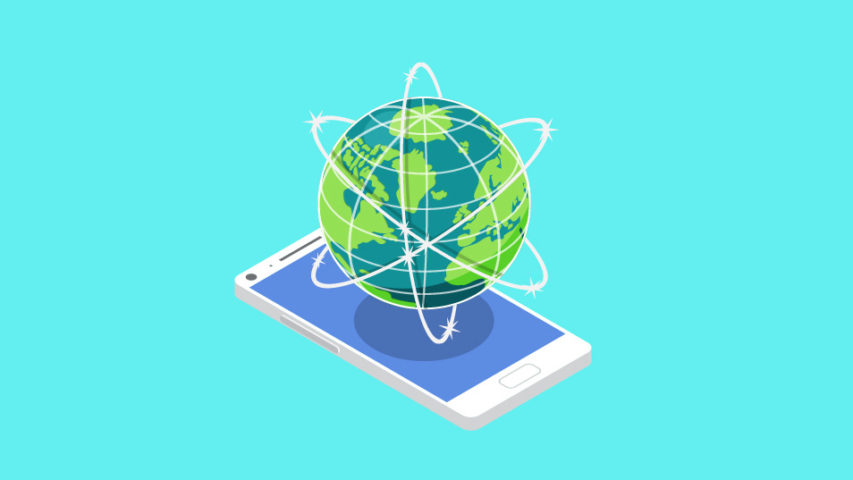 An illustration of a cell phone with a globe hovering over it, against a blue background.