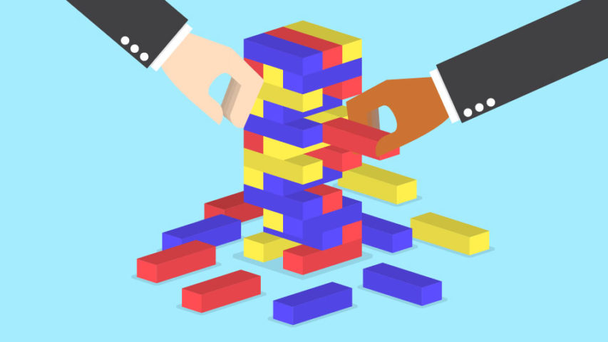 An illustration of two hands reaching for blocks in a Jenga tower.