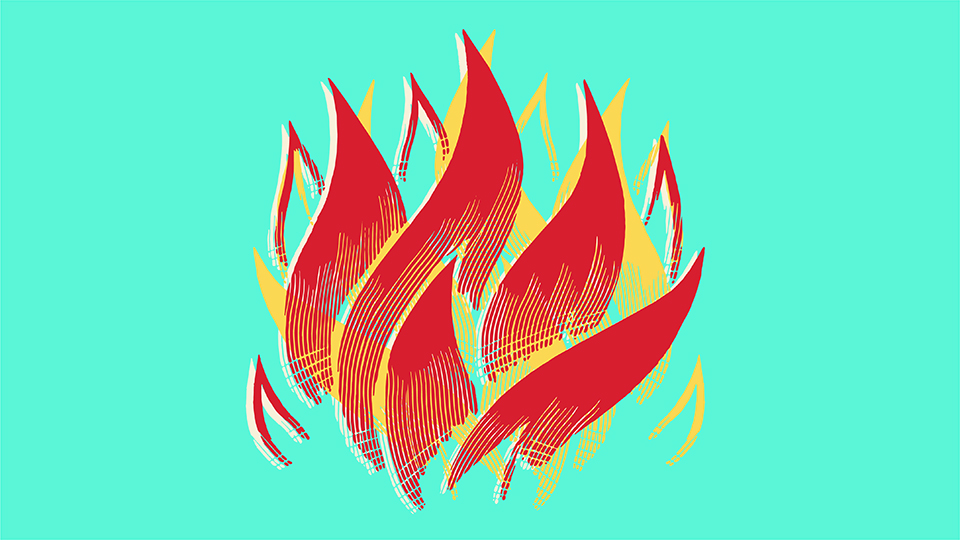 An illustration of fire on a bright green background.