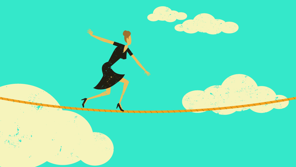 An illustration of a woman walking on a tightrope with clouds behind her.