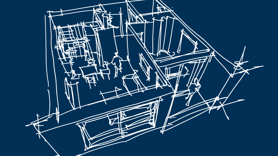 A sketch of an apartment on a blue background, similar to a blueprint.