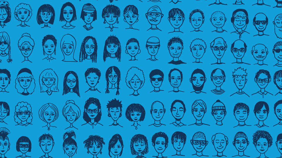 An illustration of various faces against a blue background.