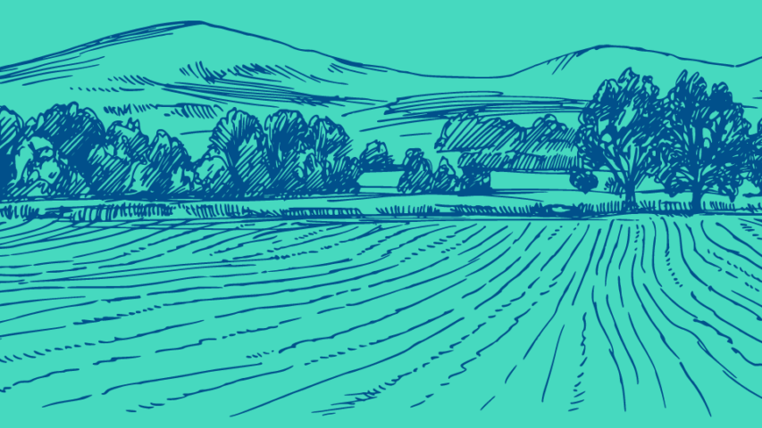 An illustration of a farm with fields in the foreground, trees in the midground, and hills in the background.